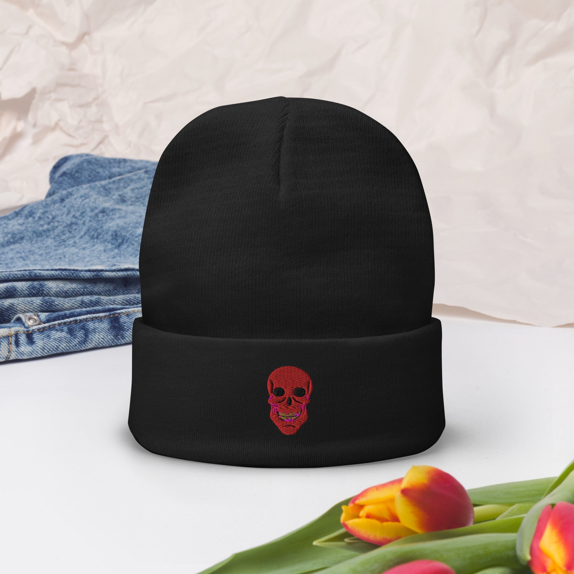 Embroidered Skull Dayz Beanie (red) - Skull Dayz